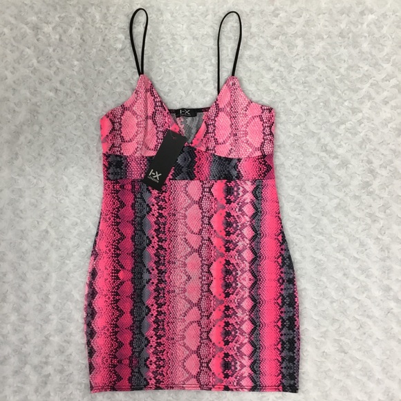 I-X London Snake Print Strappy Plunge Bodycon Nighty Slip Dress Pink - Picture 13 of 15